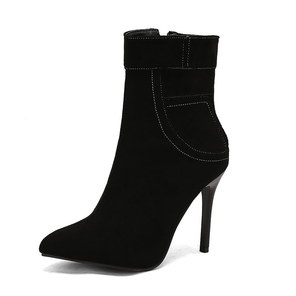 Women's Pointed Toe Stiletto Heel Faux Fur Warm Ankle Boots Side Zipper