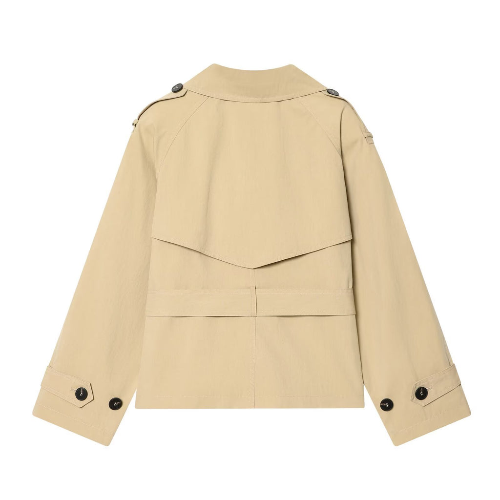 Short Belted Double-Breasted Trench Coat with Shoulder Pads