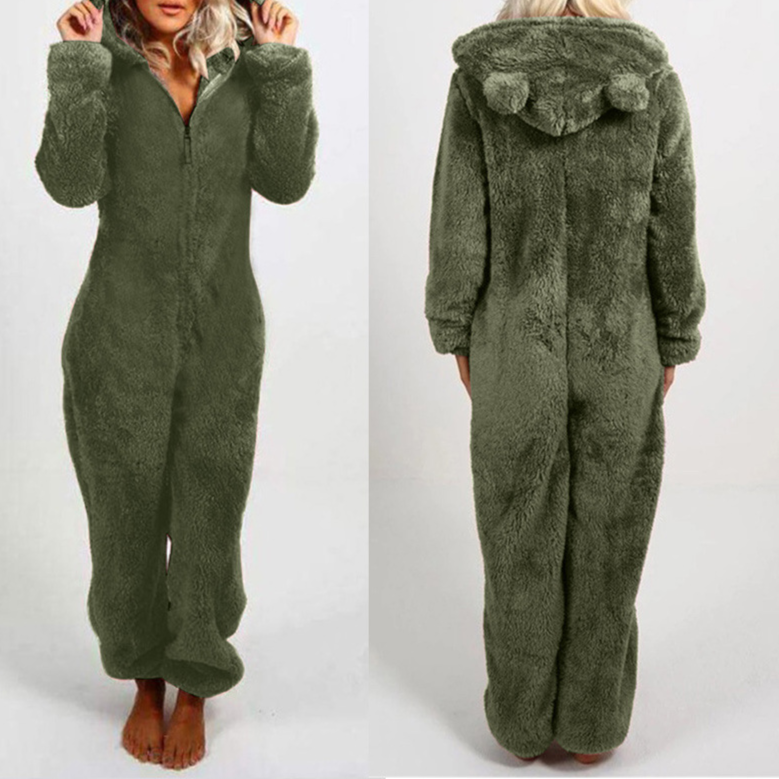 Thickened Furry Jumpsuit with Hood and Cat Ears Pajamas
