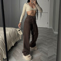 Coffee-colored high-waisted wide-leg jeans