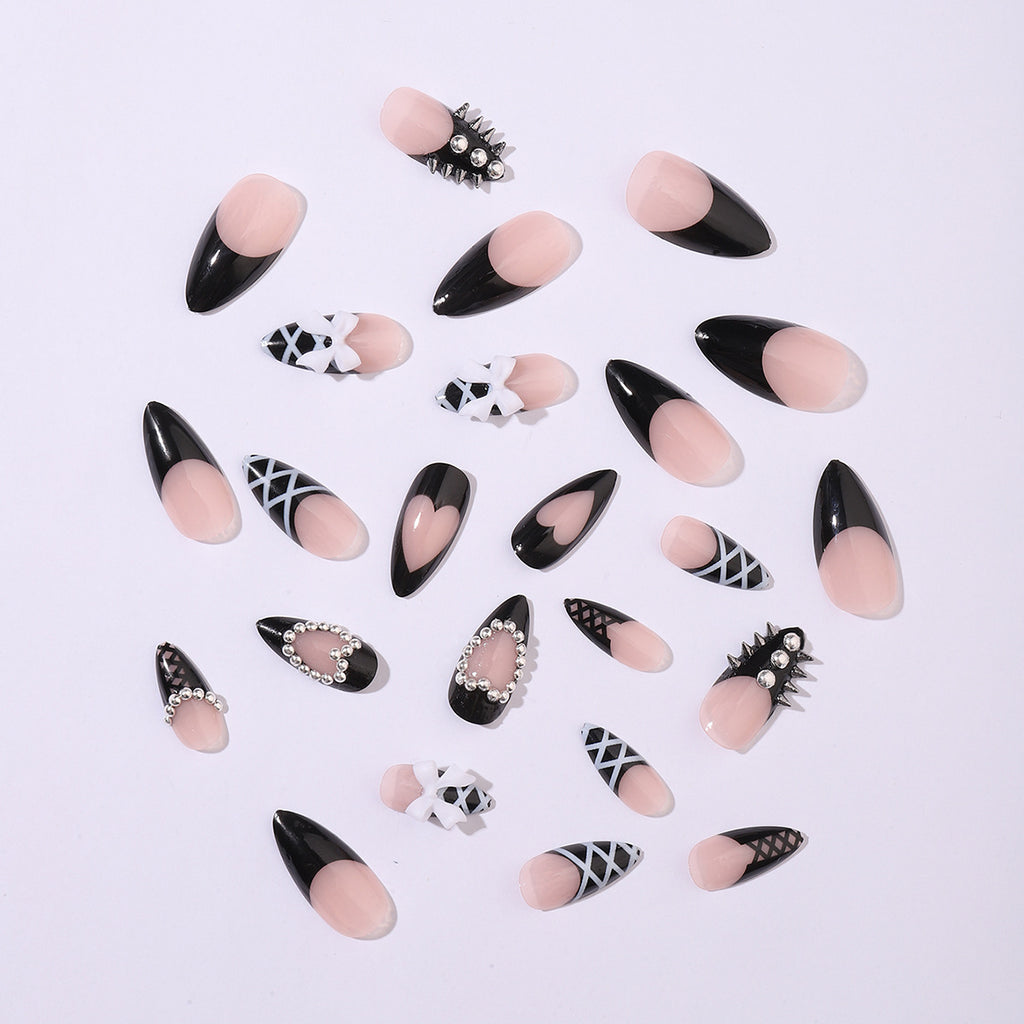 Almond-Shaped Press-On Nails with Heart Beads