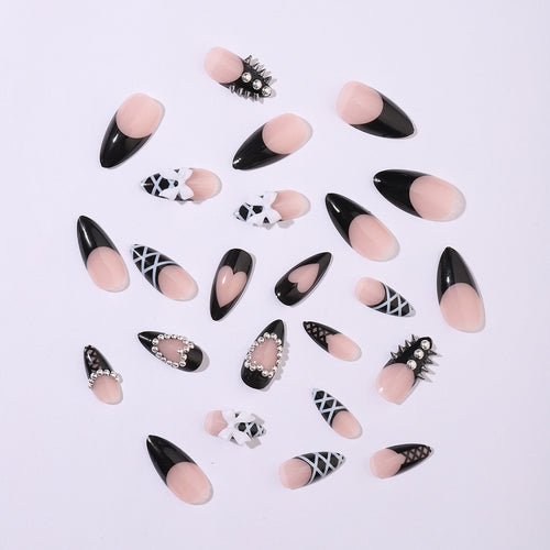 Almond-Shaped Press-On Nails with Heart Beads