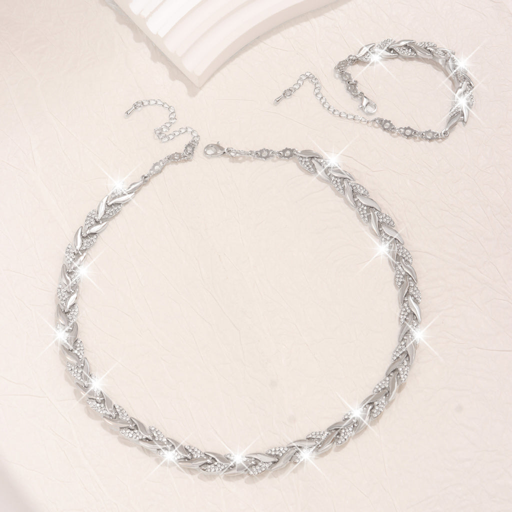 Willow Leaf Diamond Necklace and Bracelet Set, Sparkling Rhinestone Jewelry for Women