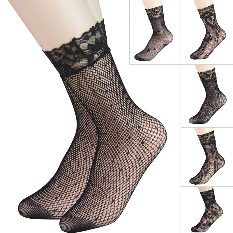 Women Hollow-Out Short Fishnet Socks Lace Trim Retro Style