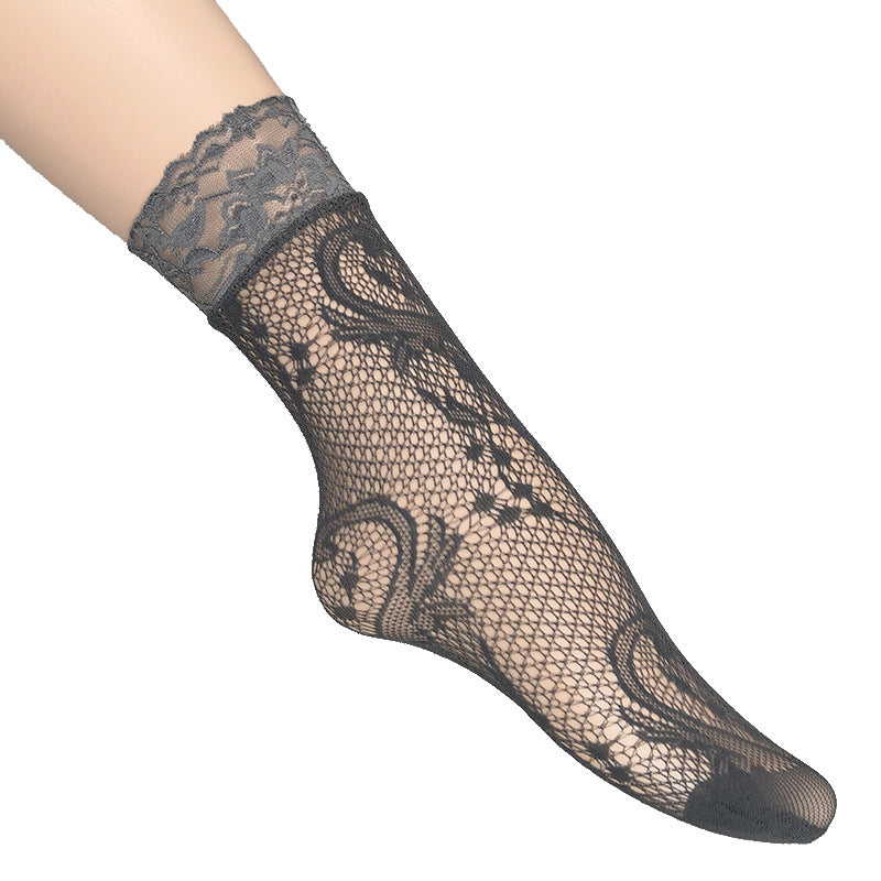 Women Hollow-Out Short Fishnet Socks Lace Trim Retro Style