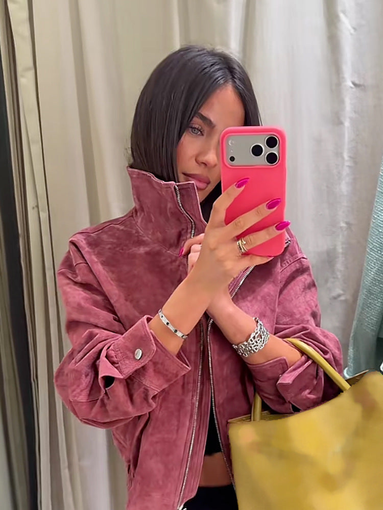 Womens Stand Collar Faux Leather Jacket