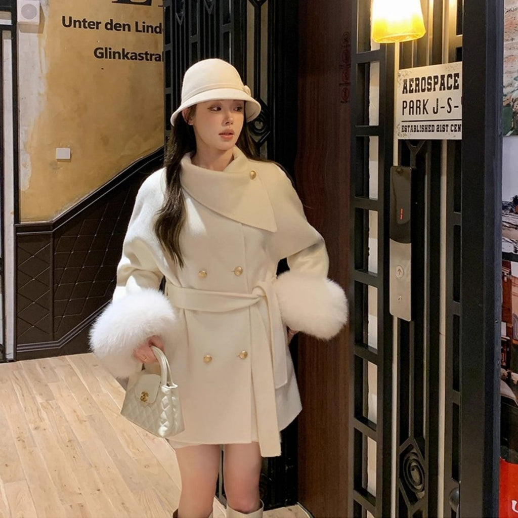 Women's Mid-Length Faux Fur Sleeve Coat with Belt Solid Color Loose Fit Coat