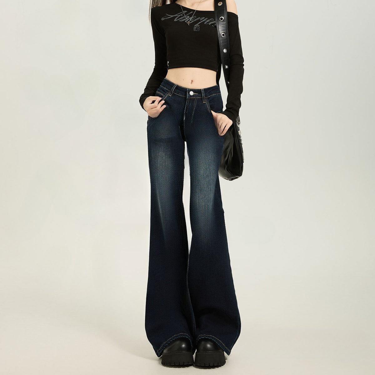 American Style Dark Blue Low Waist Flared Jeans for Women Slim Fit