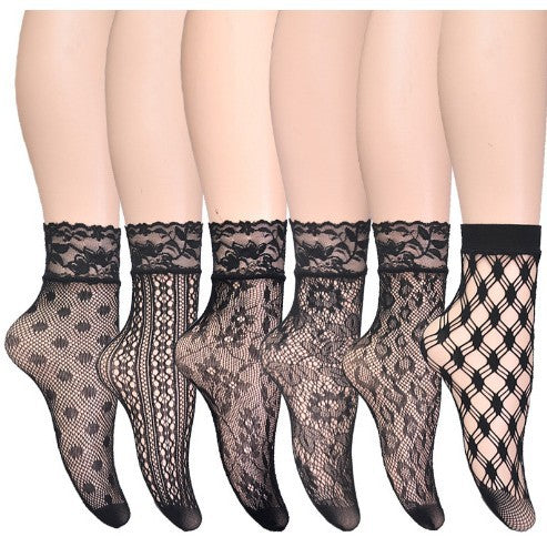 Women Hollow-Out Short Fishnet Socks Lace Trim Retro Style