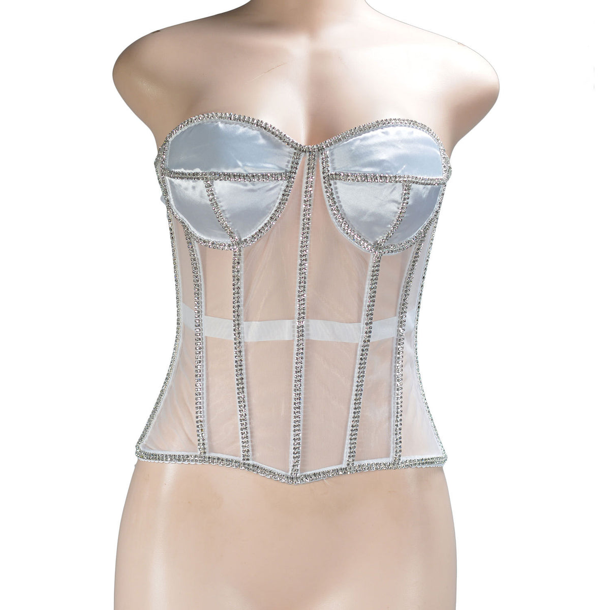 Adjustable Mesh Corset Bra with Diamond Decoration