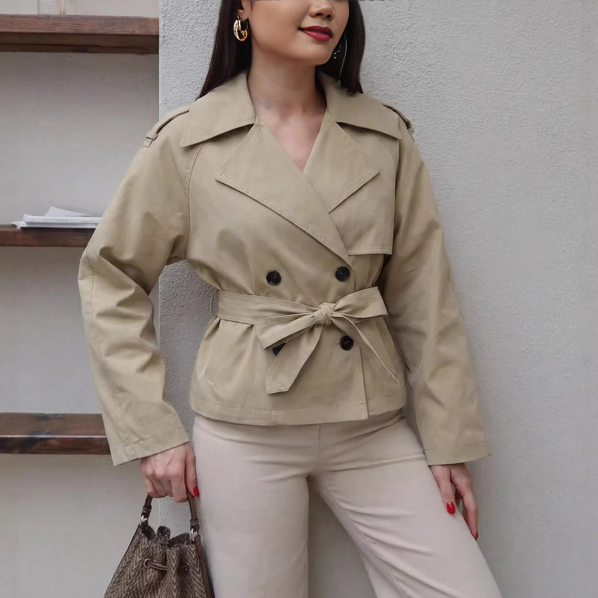 Short Belted Double-Breasted Trench Coat with Shoulder Pads