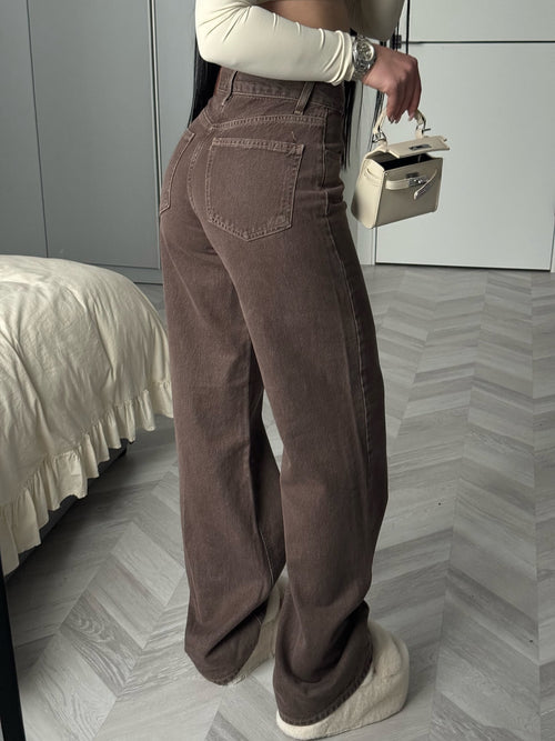 Coffee-colored high-waisted wide-leg jeans