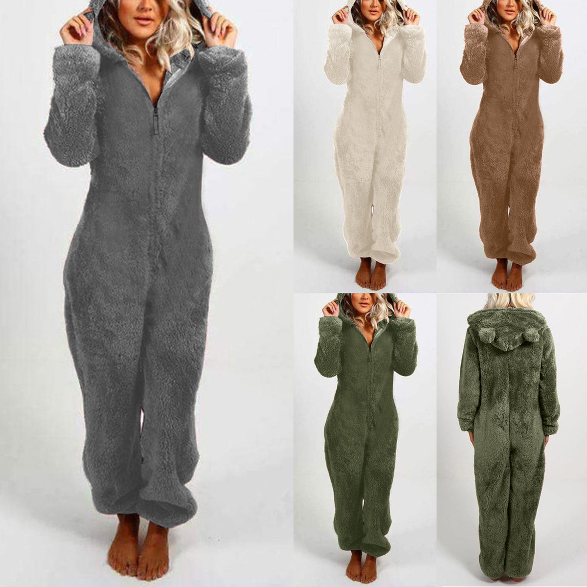 Thickened Furry Jumpsuit with Hood and Cat Ears Pajamas