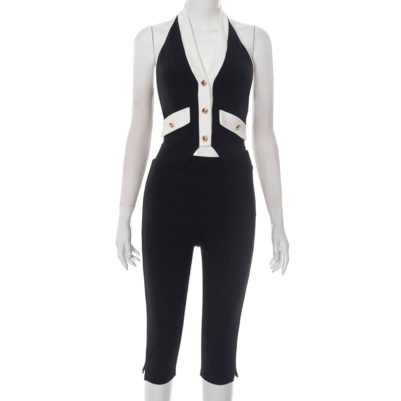 Women's Halter Neck Backless Jumpsuit Set