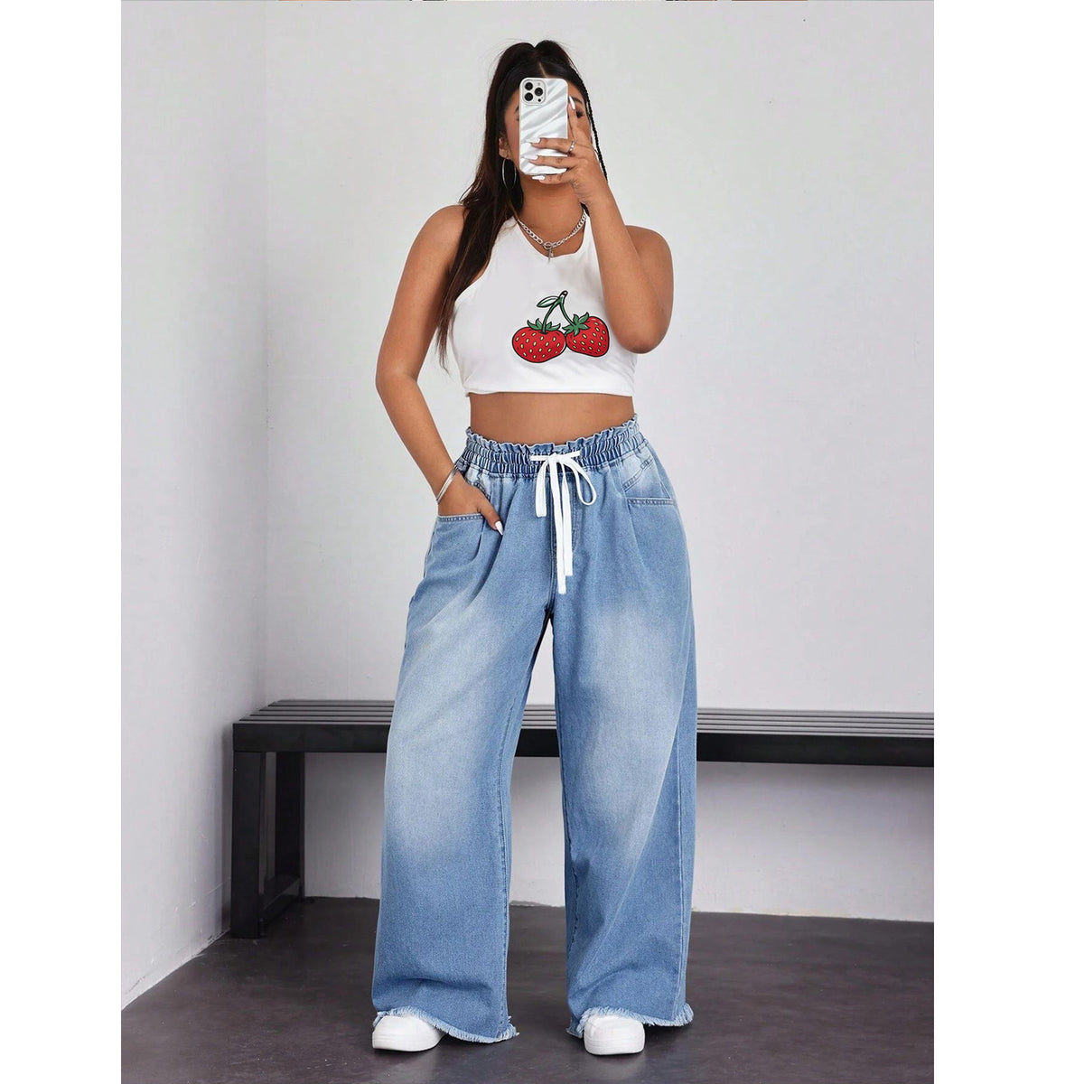 Women's Drawstring Wide Leg Jeans Distressed Raw Hem Trousers