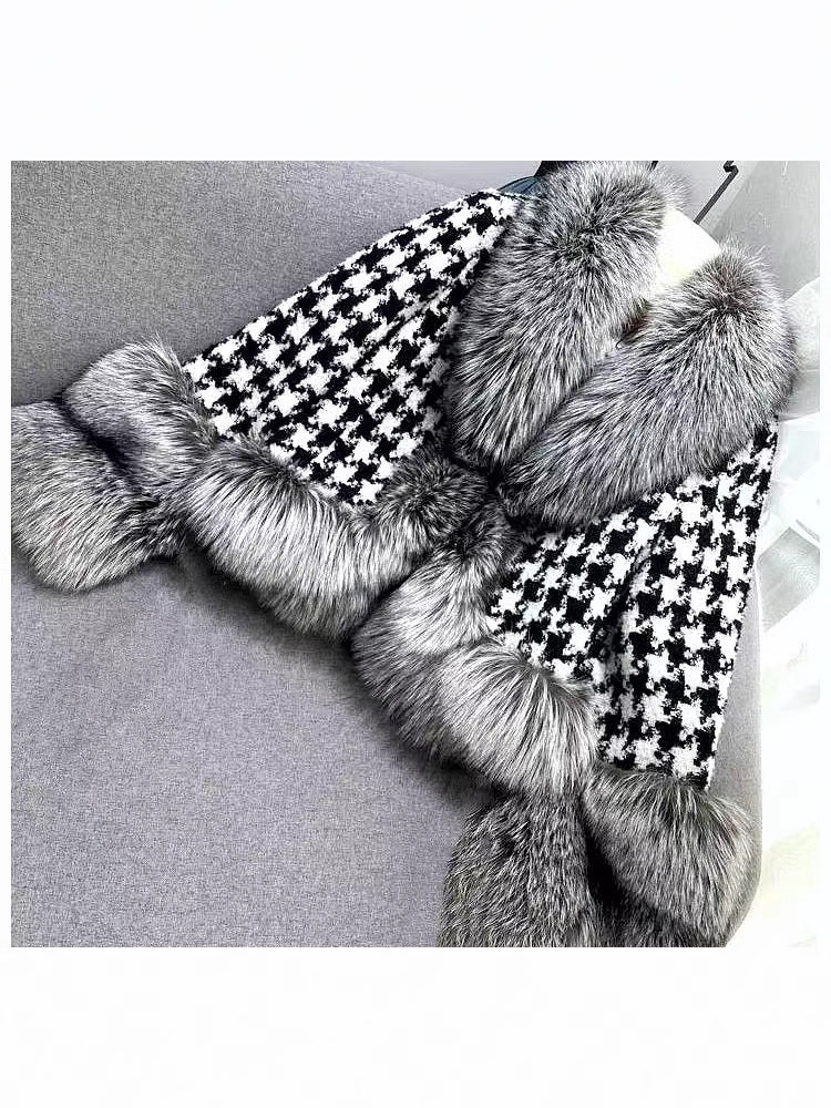 Womens Houndstooth Fur Collar Coat