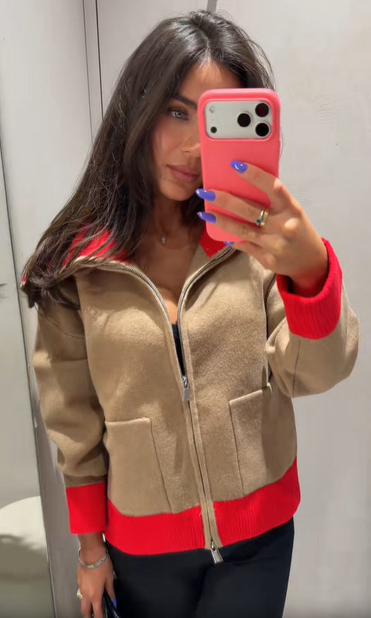 Women's Retro Patchwork Lapel Zipper Knit Cardigan