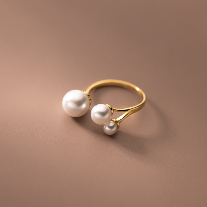 S925 Silver Adjustable Open Ring with Synthetic Pearl Bead for Women Fashion Jewelry