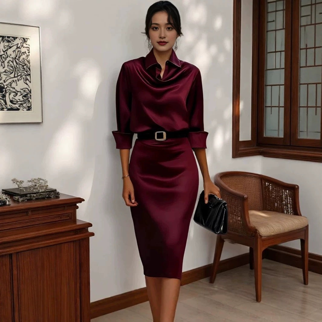 Women's Acetate Satin Long Sleeve Dress Slim Fit Shirt Collar Elegant Midi Dress