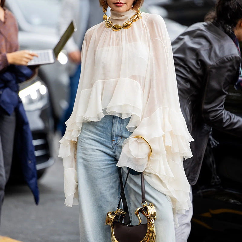Elegant Mesh Ruffle Blouse with Bell Sleeves