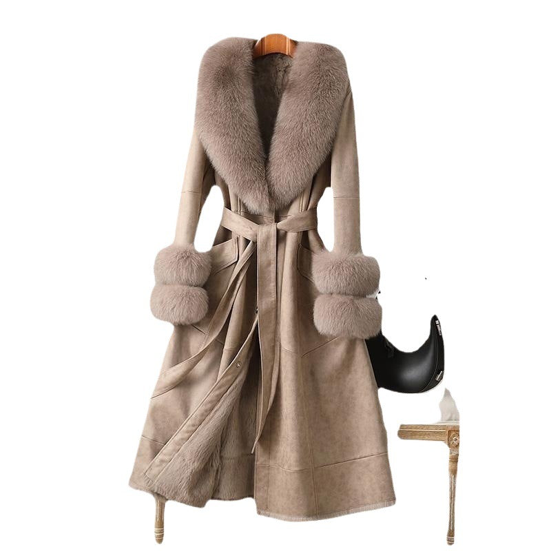 Imitation Rabbit Fur Mid-Length Coat with Faux Fox Collar