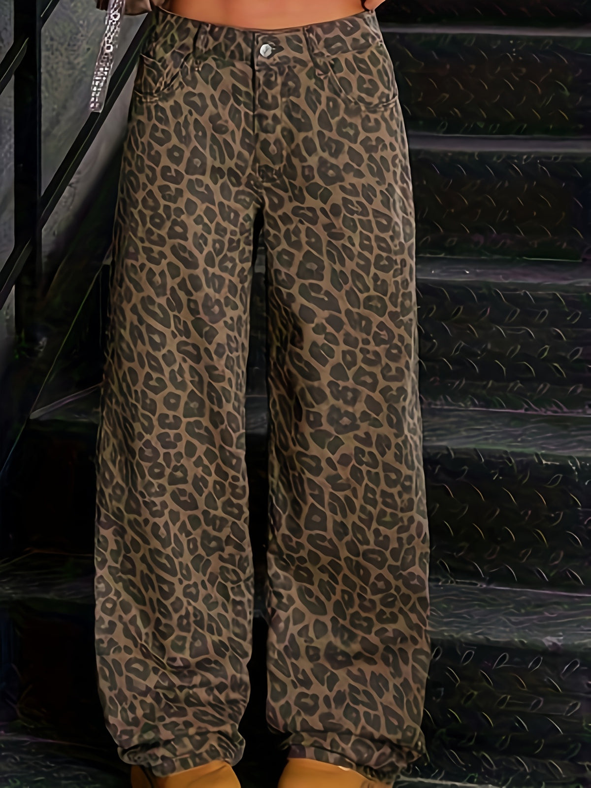 Leopard Print Vintage Washed High Waist Straight Denim Jeans