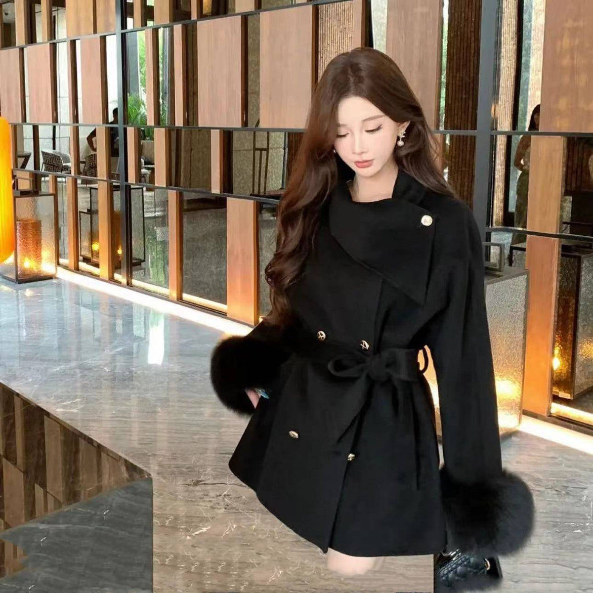 Women's Mid-Length Faux Fur Sleeve Coat with Belt Solid Color Loose Fit Coat