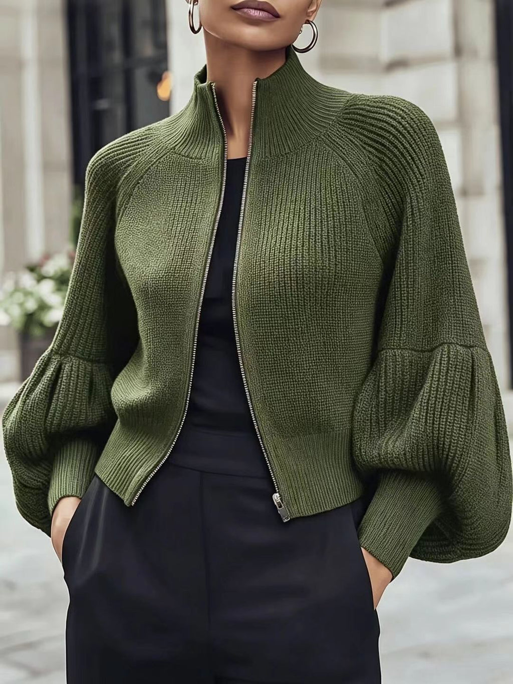 Women's Stand Collar Zip-Up Lantern Sleeve Textured Knit Sweater