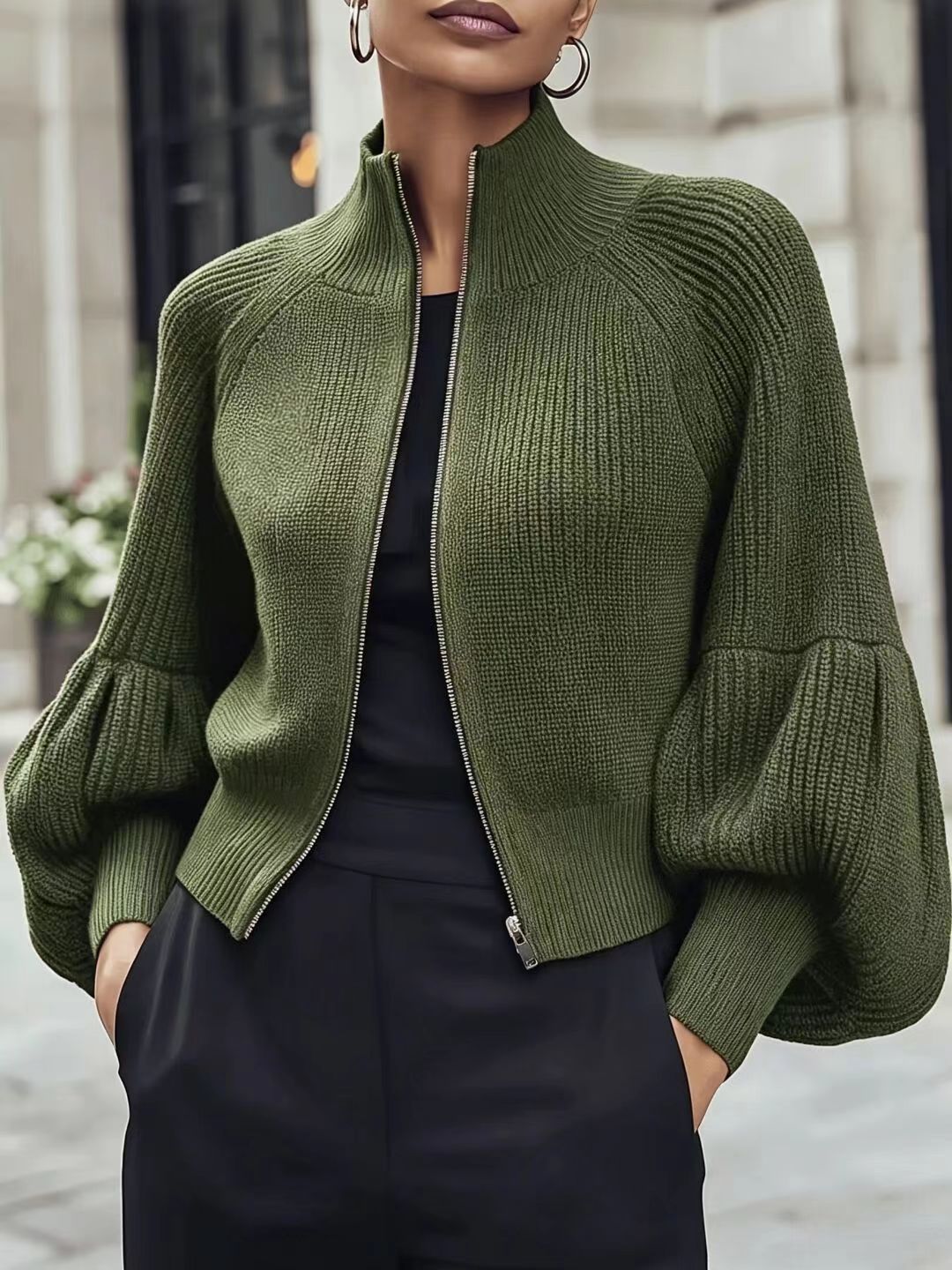 Women's Stand Collar Zip-Up Lantern Sleeve Textured Knit Sweater