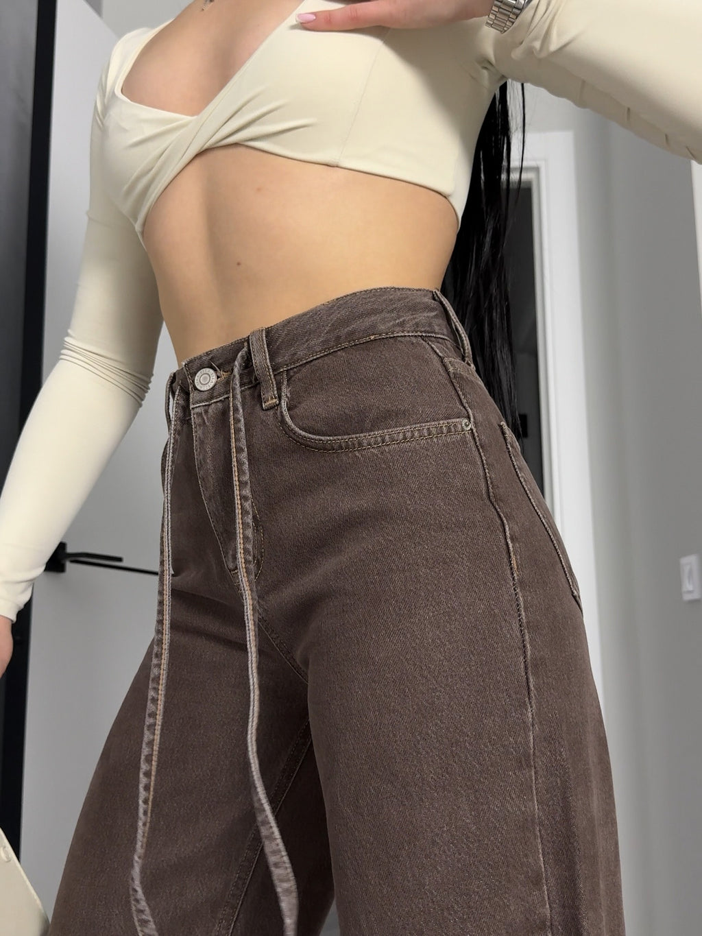Coffee-colored high-waisted wide-leg jeans