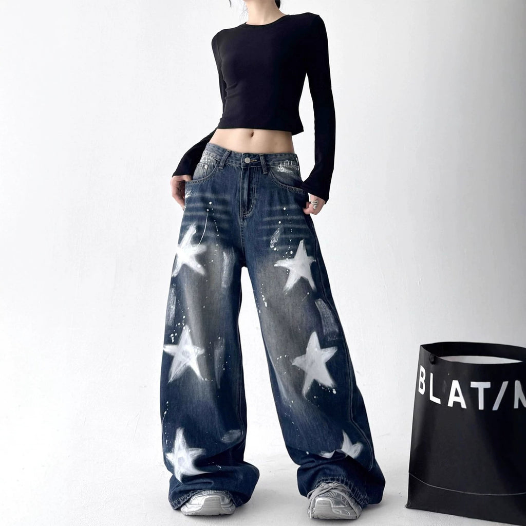 Retro Star Graffiti Wide Leg Jeans