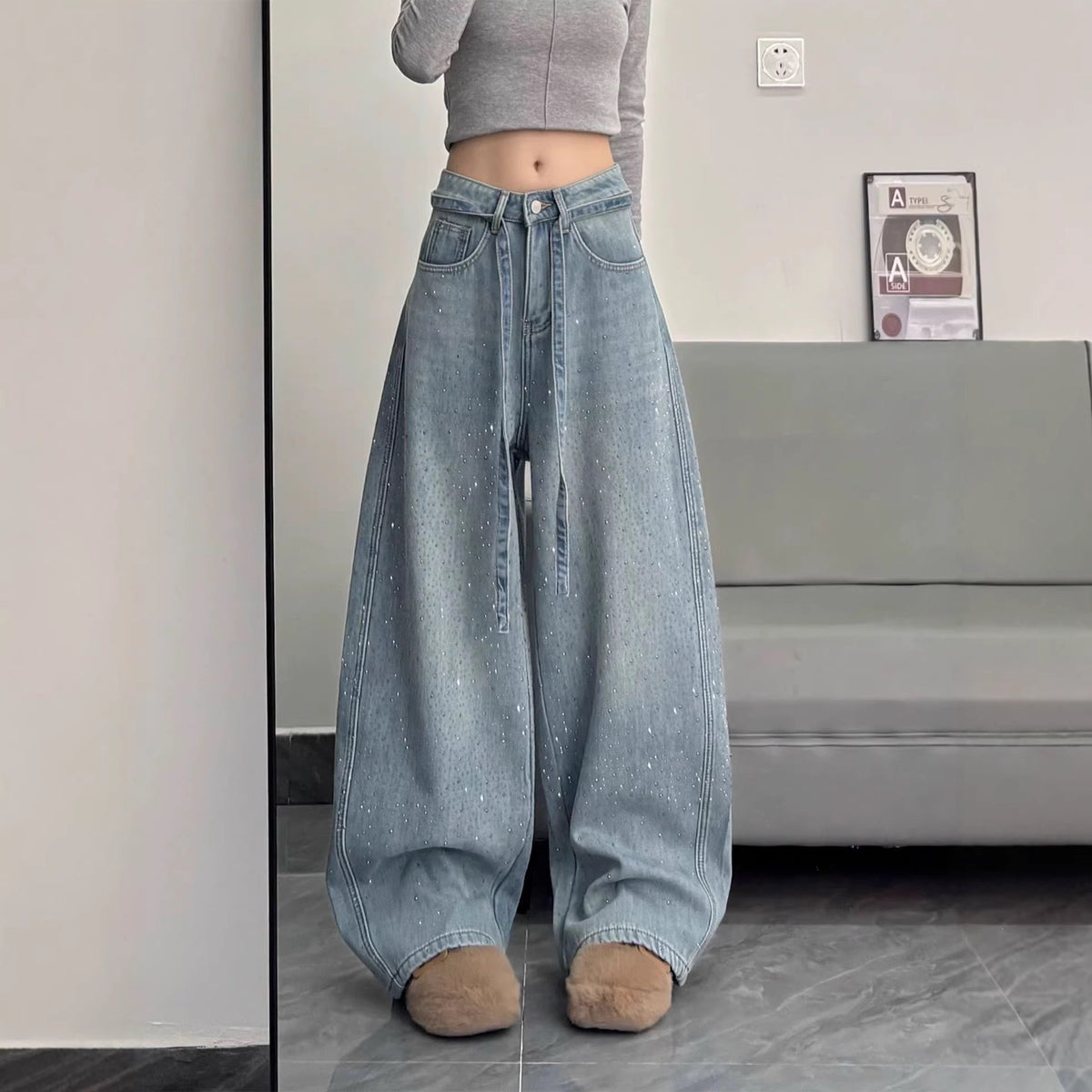 Womens High-Waisted Wide-Leg Rhinestone Jeans