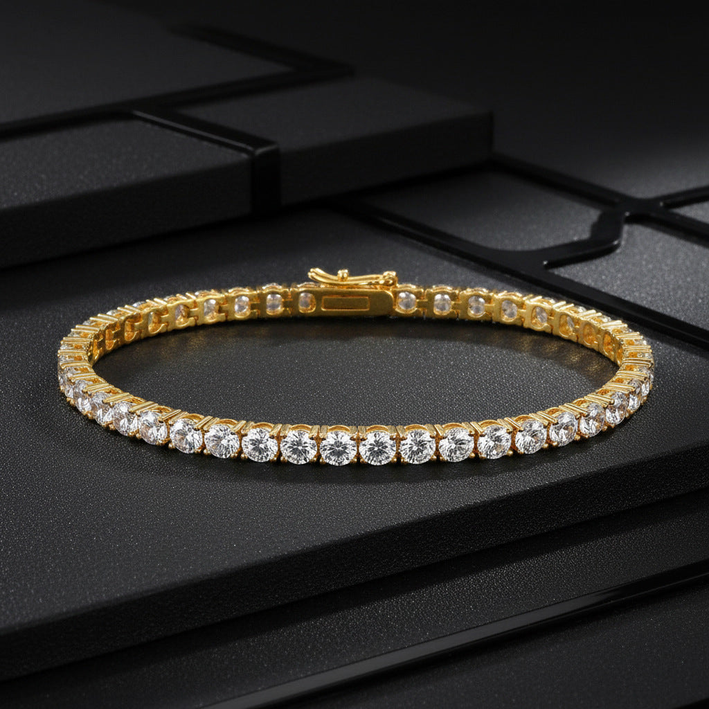 Gold Plated Copper Zircon Tennis Bracelet Single Row Full Diamond Unisex Jewelry