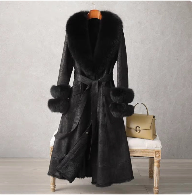 Imitation Rabbit Fur Mid-Length Coat with Faux Fox Collar
