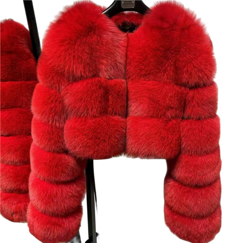 Womens Imitation Fur Jacket Short Warm V-Neck Faux Fur Coat