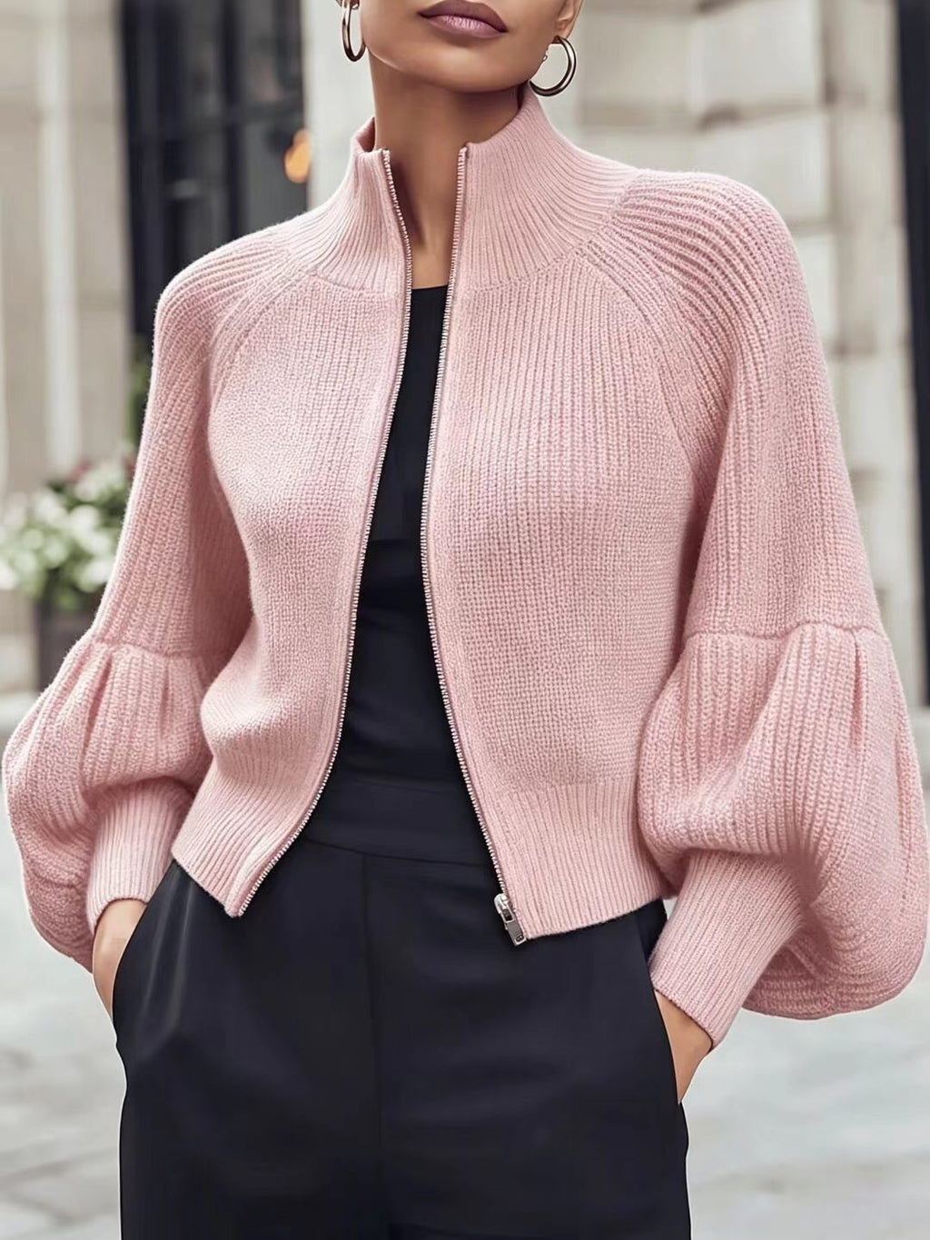 Women's Stand Collar Zip-Up Lantern Sleeve Textured Knit Sweater