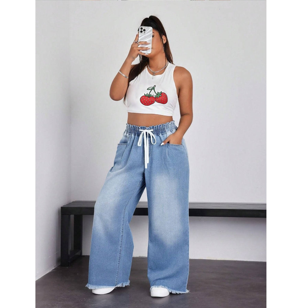 Women's Drawstring Wide Leg Jeans Distressed Raw Hem Trousers