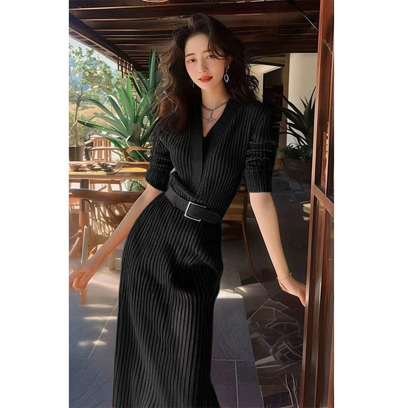 Knitted Sweater Dress Autumn and Winter French Long Dress