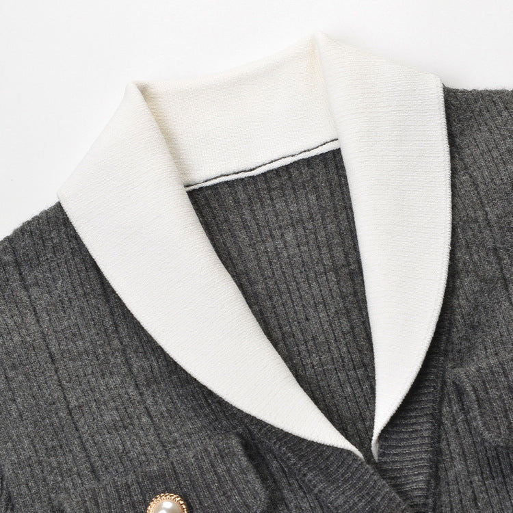 Women's V-Neck Jacquard Ribbed Knit Cardigan with Belt and Contrast Splicing
