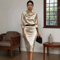 Women's Acetate Satin Long Sleeve Dress Slim Fit Shirt Collar Elegant Midi Dress