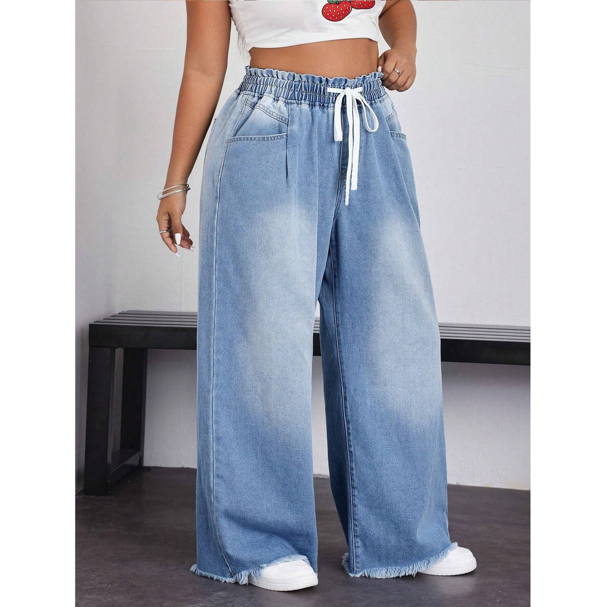 Women's Drawstring Wide Leg Jeans Distressed Raw Hem Trousers