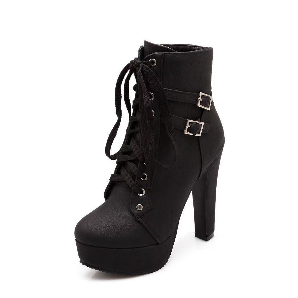 Women's Cross-Tie Martin Boots High Heel Platform Round Toe Ankle Boots