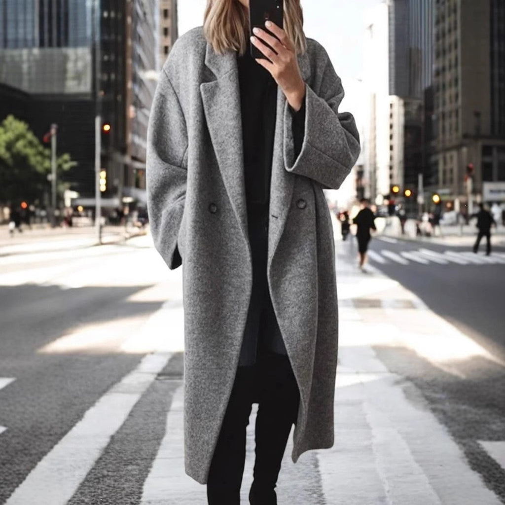 Women's Solid Color Long Wool Blend Trench Coat with Suit Collar