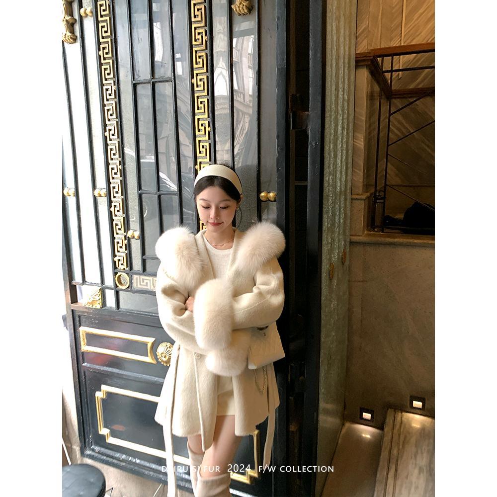 Women's Wool Blend Coat with Detachable Fox Fur