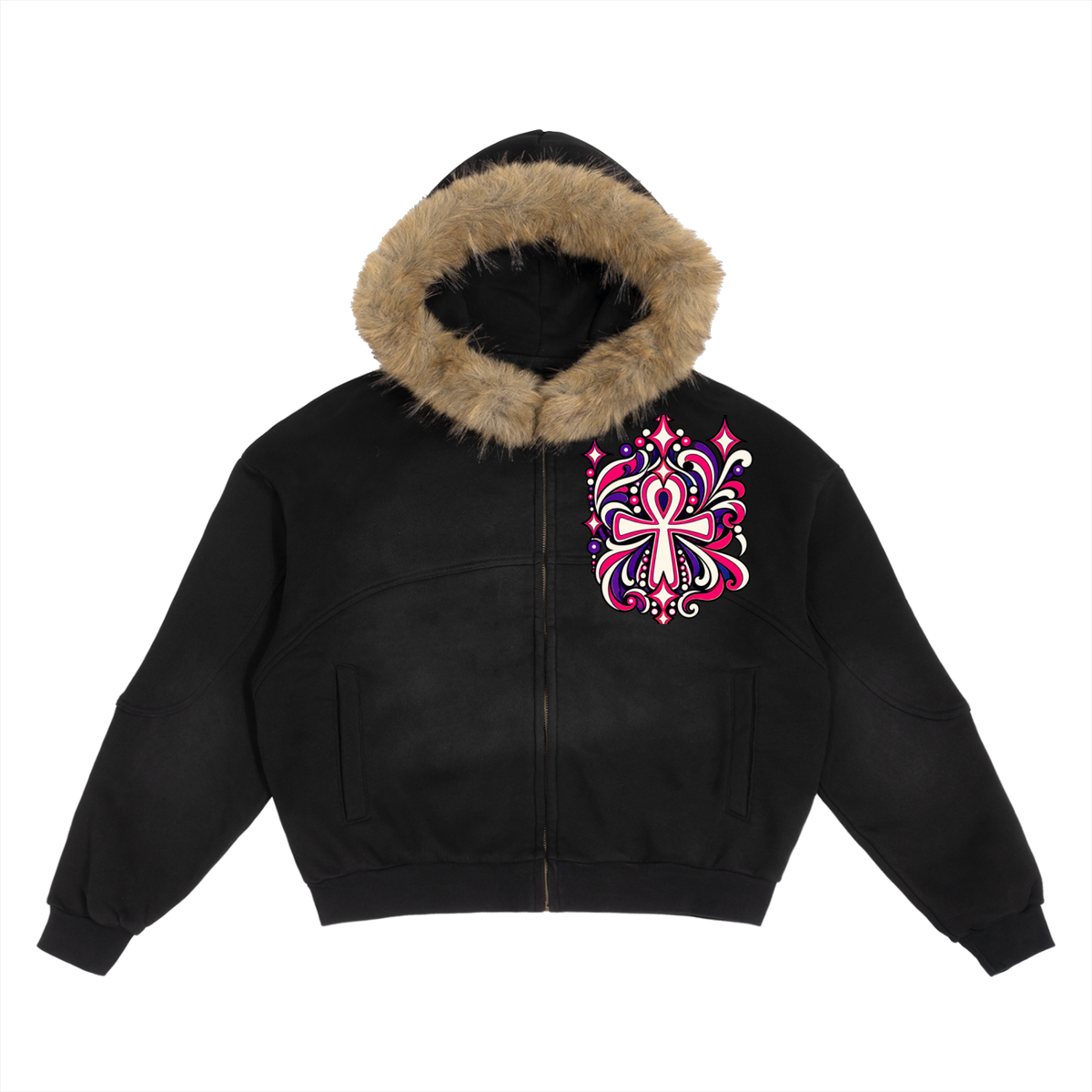 Sun Fade Boxy Detachable Fur Hoodie