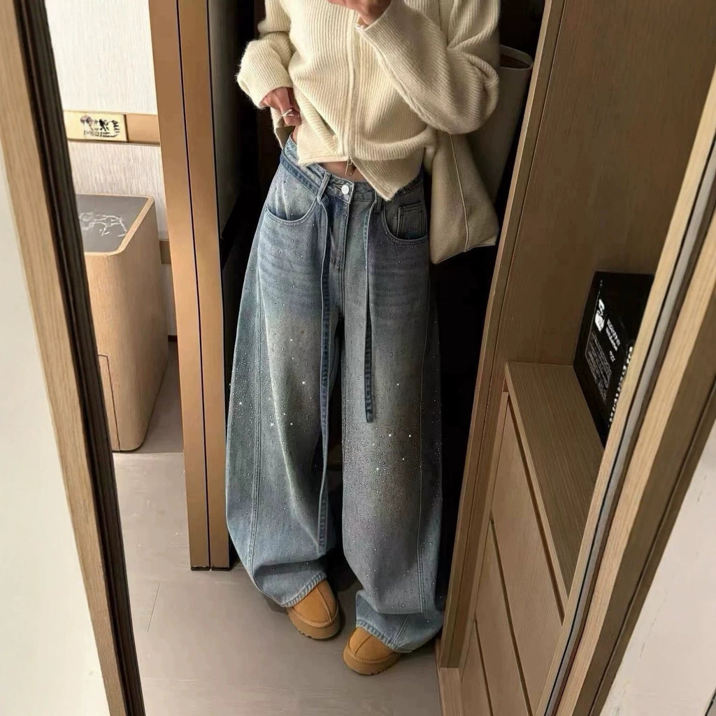 Womens High-Waisted Wide-Leg Rhinestone Jeans