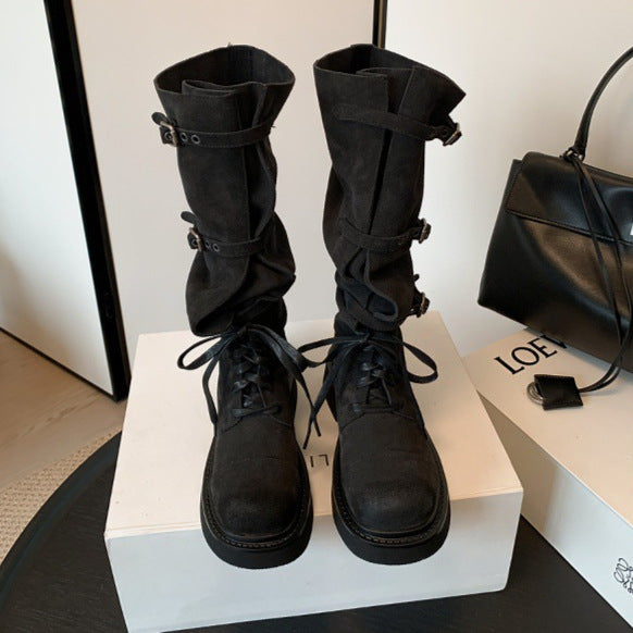 Belted platform riding boots
