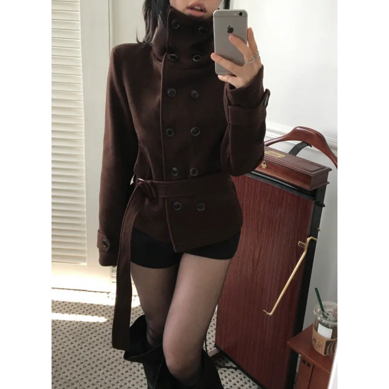 Winter New Slim Belt Double-breasted Woolen Jacket