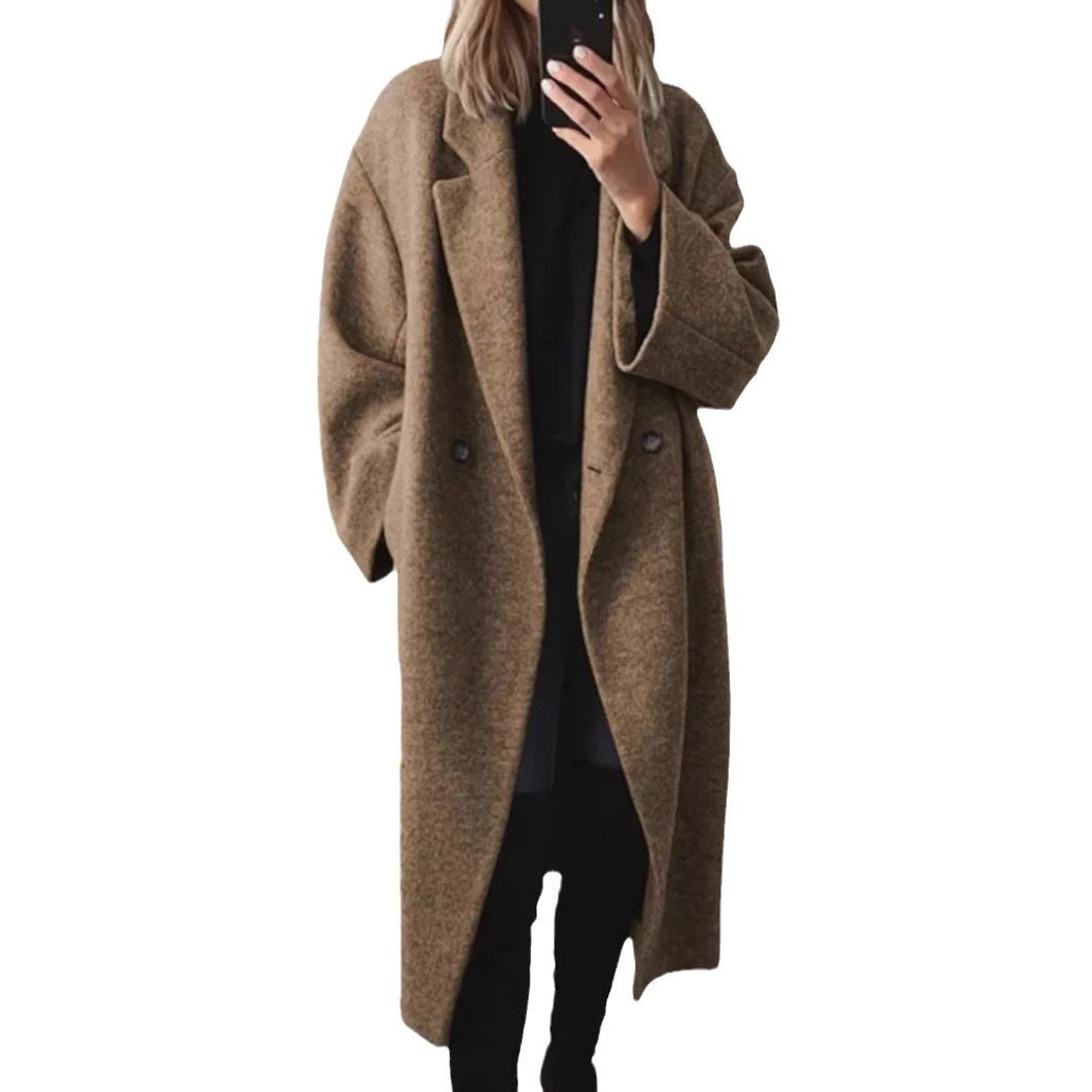 Women's Solid Color Long Wool Blend Trench Coat with Suit Collar