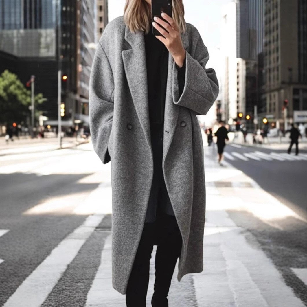 Women's Solid Color Long Wool Blend Trench Coat with Suit Collar